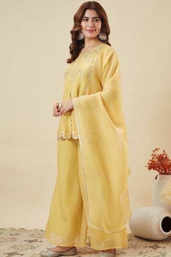  yellow crunchy silk blend embroidered kurta palazzo set with dupatta 