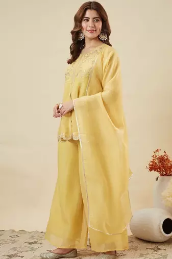 yellow crunchy silk blend embroidered kurta palazzo set with dupatta 