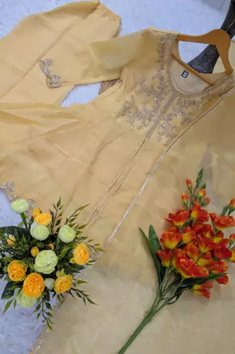  yellow crunchy silk blend embroidered kurta palazzo set with dupatta 
