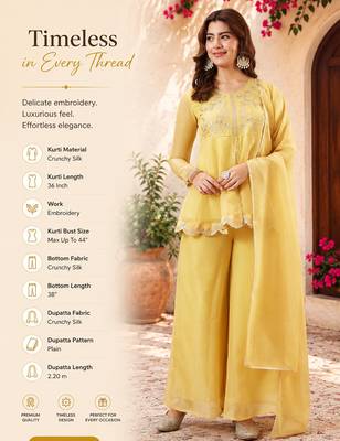  yellow crunchy silk blend embroidered kurta palazzo set with dupatta  2
