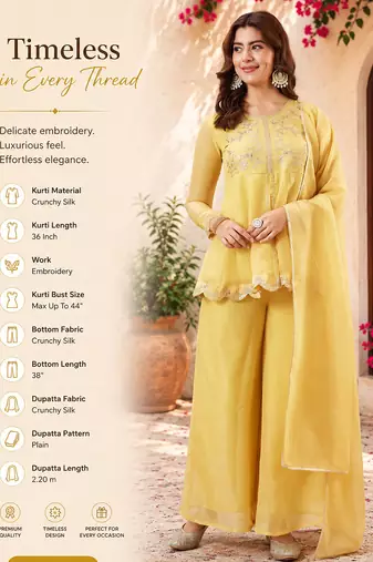  yellow crunchy silk blend embroidered kurta palazzo set with dupatta 