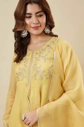  yellow crunchy silk blend embroidered kurta palazzo set with dupatta 