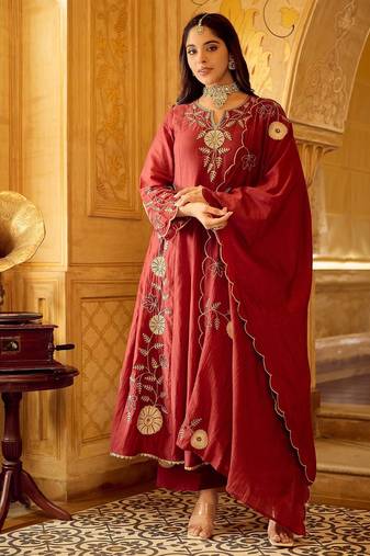  maroon chanderi silk blend embroidered flared kurta set with dupatta