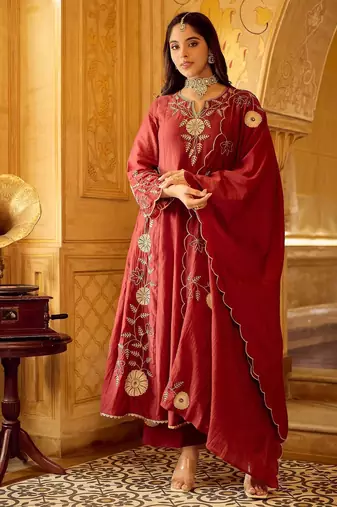 maroon chanderi silk blend embroidered flared kurta set with dupatta