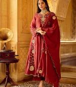  maroon chanderi silk blend embroidered flared kurta set with dupatta