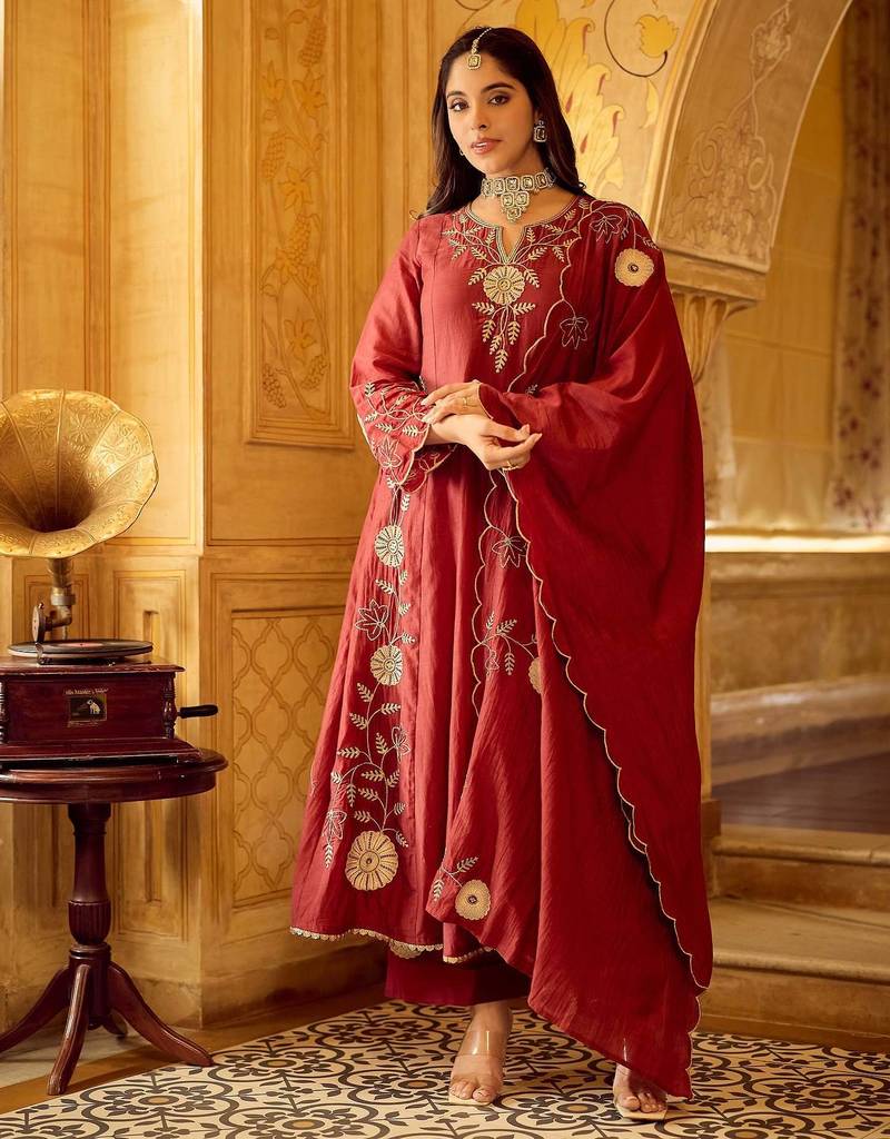  maroon chanderi silk blend embroidered flared kurta set with dupatta