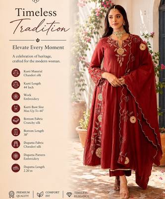  maroon chanderi silk blend embroidered flared kurta set with dupatta 2