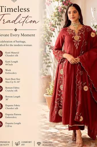  maroon chanderi silk blend embroidered flared kurta set with dupatta