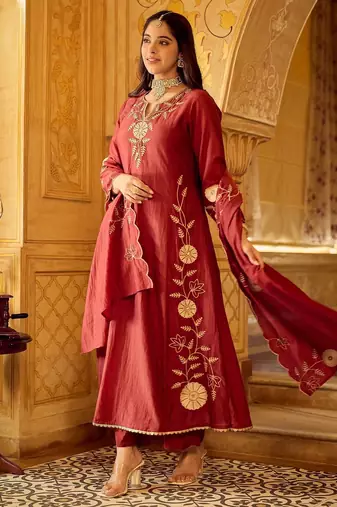  maroon chanderi silk blend embroidered flared kurta set with dupatta
