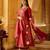  maroon chanderi silk blend embroidered flared kurta set with dupatta