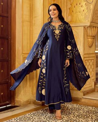  blue chanderi silk blend embroidered flared kurta set with dupatta 1