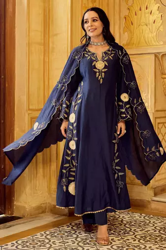  blue chanderi silk blend embroidered flared kurta set with dupatta