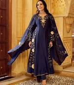  blue chanderi silk blend embroidered flared kurta set with dupatta
