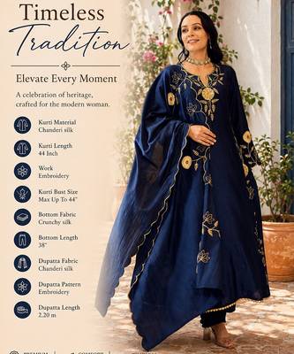  blue chanderi silk blend embroidered flared kurta set with dupatta 2