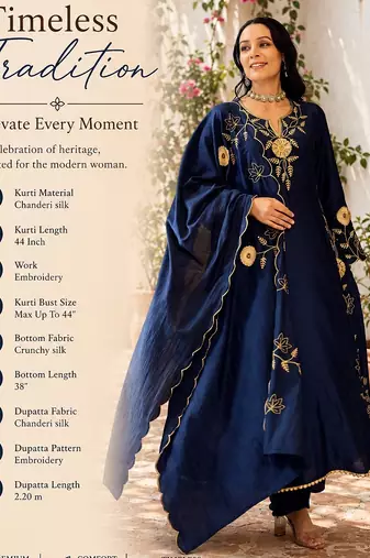  blue chanderi silk blend embroidered flared kurta set with dupatta