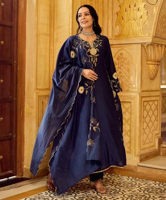  blue chanderi silk blend embroidered flared kurta set with dupatta 3
