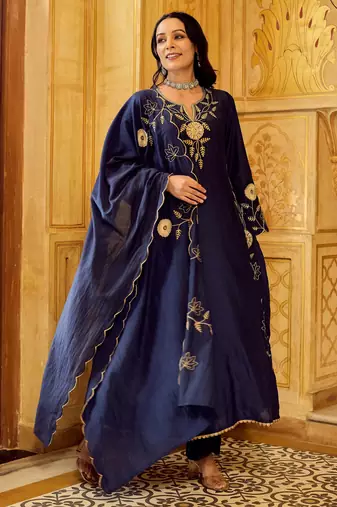  blue chanderi silk blend embroidered flared kurta set with dupatta