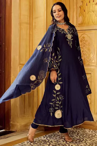  blue chanderi silk blend embroidered flared kurta set with dupatta