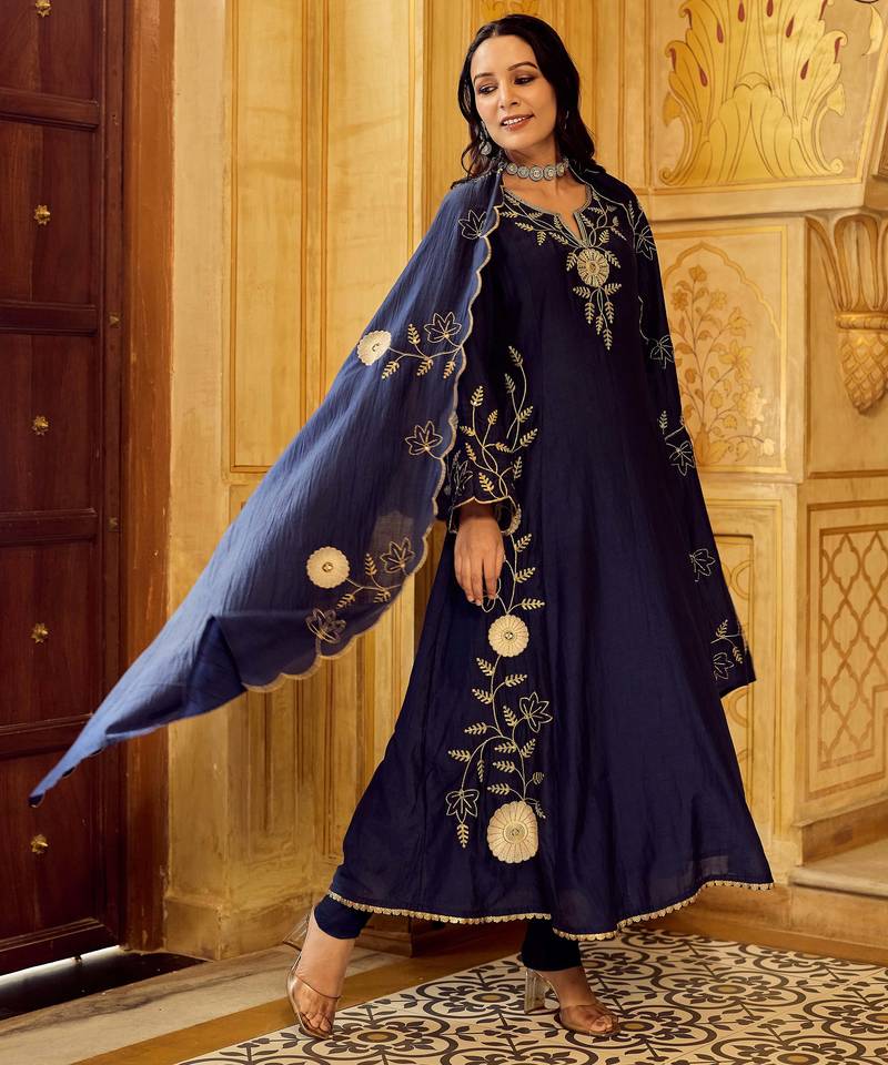  blue chanderi silk blend embroidered flared kurta set with dupatta
