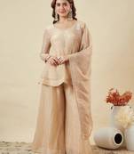  cream crunchy silk blend embroidered kurta palazzo set with dupatta 
