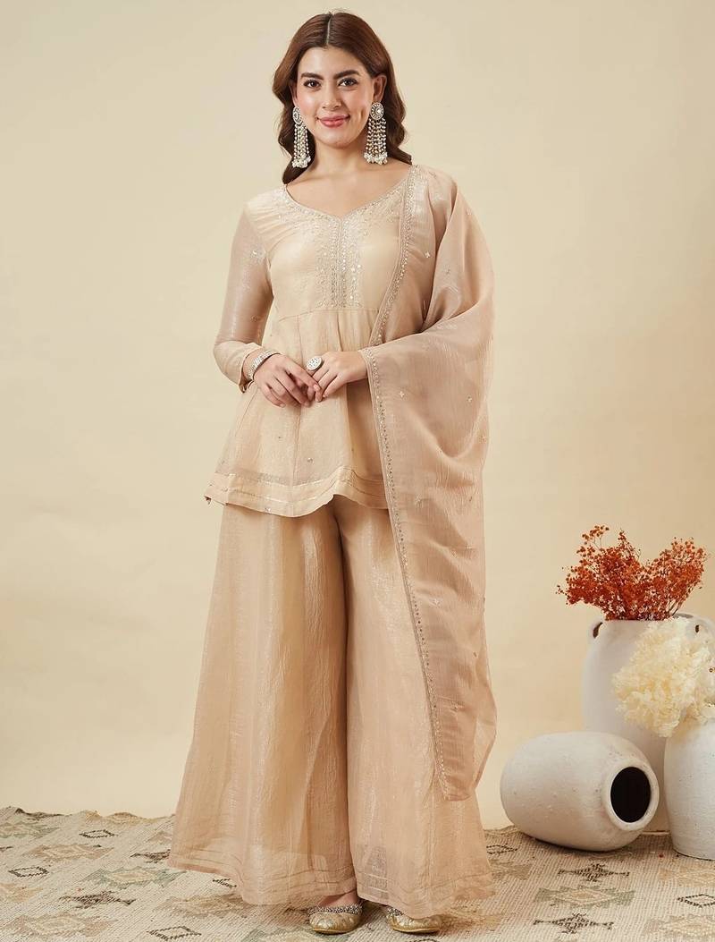  cream crunchy silk blend embroidered kurta palazzo set with dupatta 