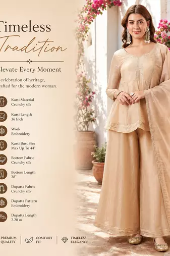  cream crunchy silk blend embroidered kurta palazzo set with dupatta 
