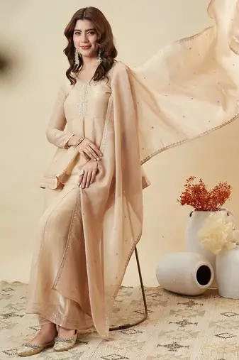  cream crunchy silk blend embroidered kurta palazzo set with dupatta 