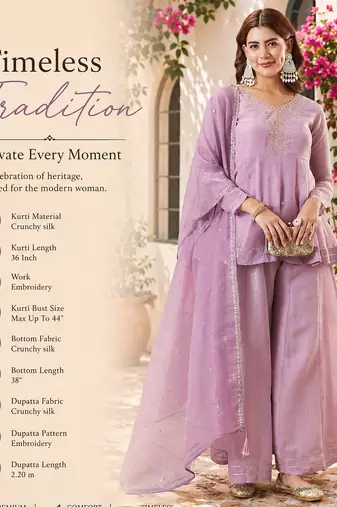 lavender crunchy silk blend embroidered kurta palazzo set with dupatta 