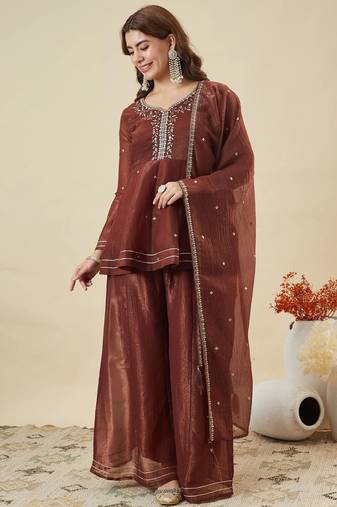  maroon crunchy silk blend embroidered kurta palazzo set with dupatta 