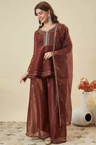  maroon crunchy silk blend embroidered kurta palazzo set with dupatta 