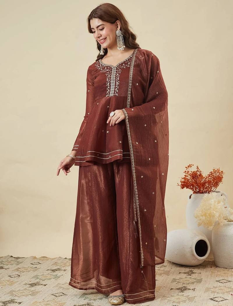  maroon crunchy silk blend embroidered kurta palazzo set with dupatta 