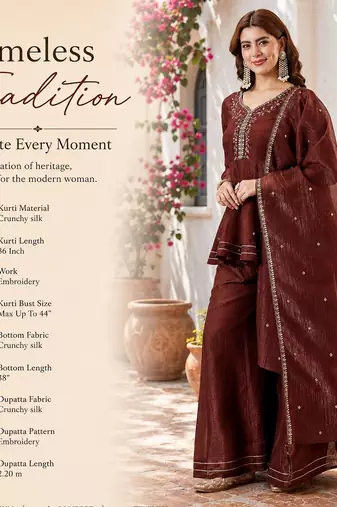  maroon crunchy silk blend embroidered kurta palazzo set with dupatta 