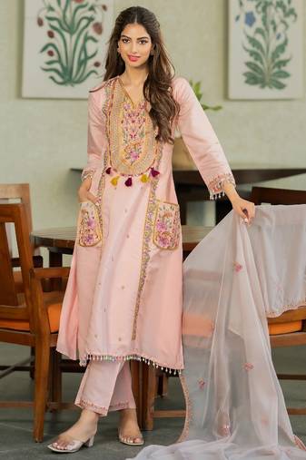  peach chanderi embroidered straight kurta set with dupatta 