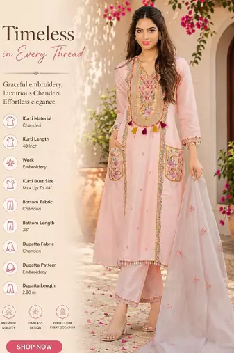  peach chanderi embroidered straight kurta set with dupatta 
