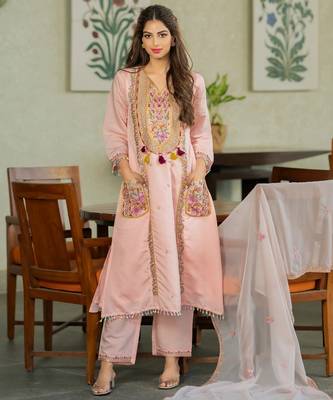  peach chanderi embroidered straight kurta set with dupatta  3