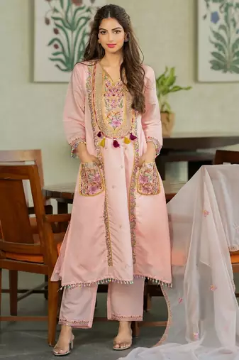  peach chanderi embroidered straight kurta set with dupatta 