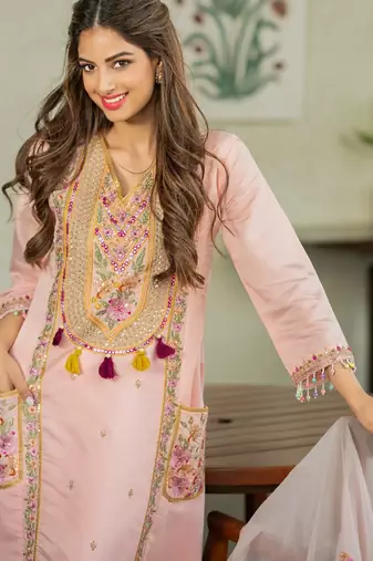  peach chanderi embroidered straight kurta set with dupatta 