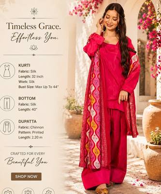  rani pink silk blend crepe kurta palazzo set with printed dupatta  2