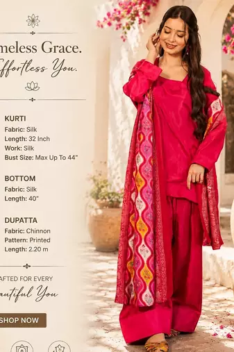  rani pink silk blend crepe kurta palazzo set with printed dupatta 