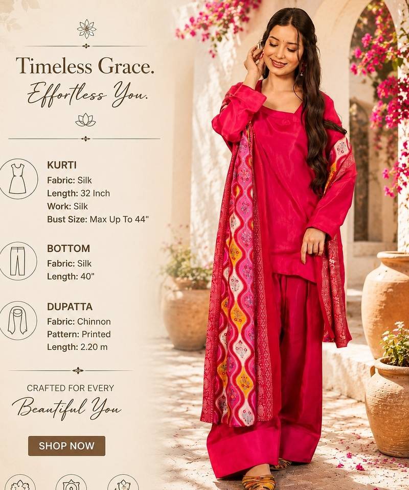  rani pink silk blend crepe kurta palazzo set with printed dupatta 