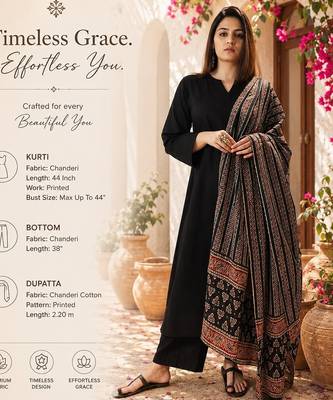 Women's black straight viscose kurta set with printed dupatta 2