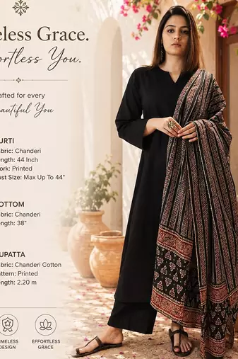 Women's black straight viscose kurta set with printed dupatta