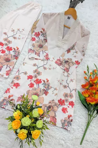  floral printed cotton orange kurta palazzo set 