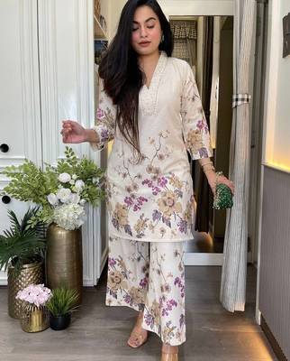  floral printed cotton purple kurta palazzo set  3