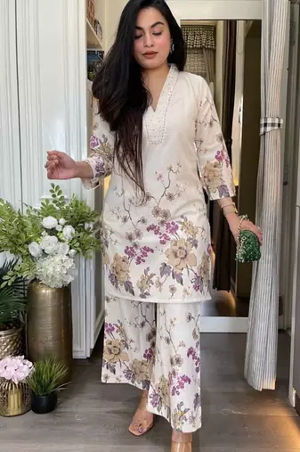  floral printed cotton purple kurta palazzo set 