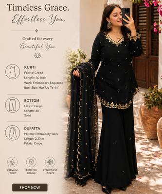 Women's black embroidered crepe kurta set with palazzo 2