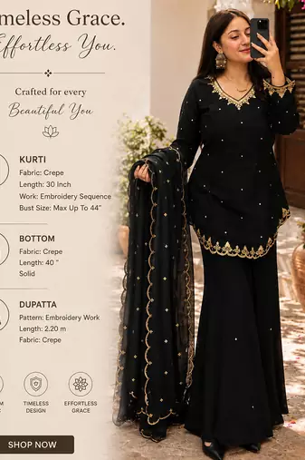 Women's black embroidered crepe kurta set with palazzo