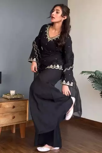Women's black embroidered crepe kurta set with palazzo