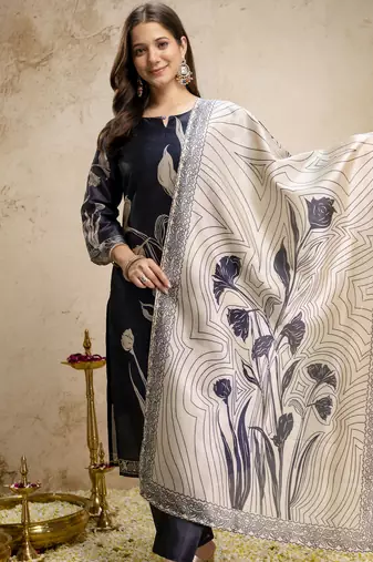  navy blue floral printed assam silk blend kurti set 