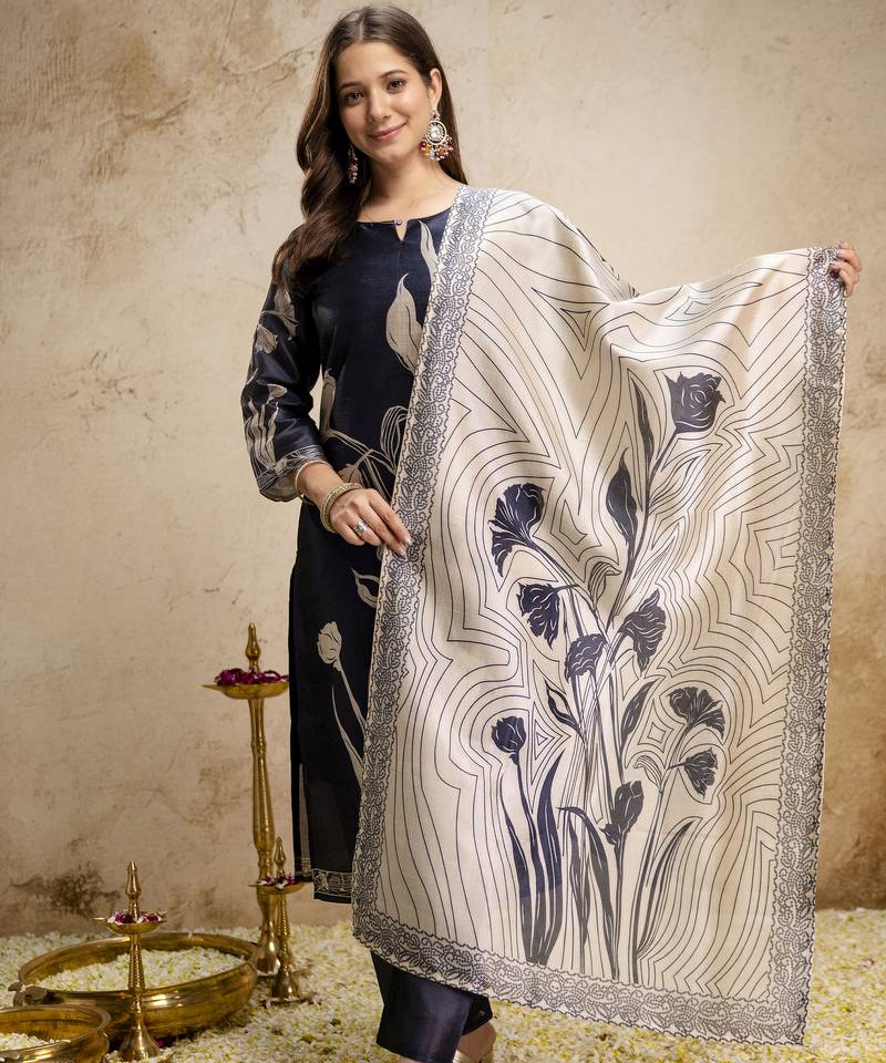  navy blue floral printed assam silk blend kurti set 